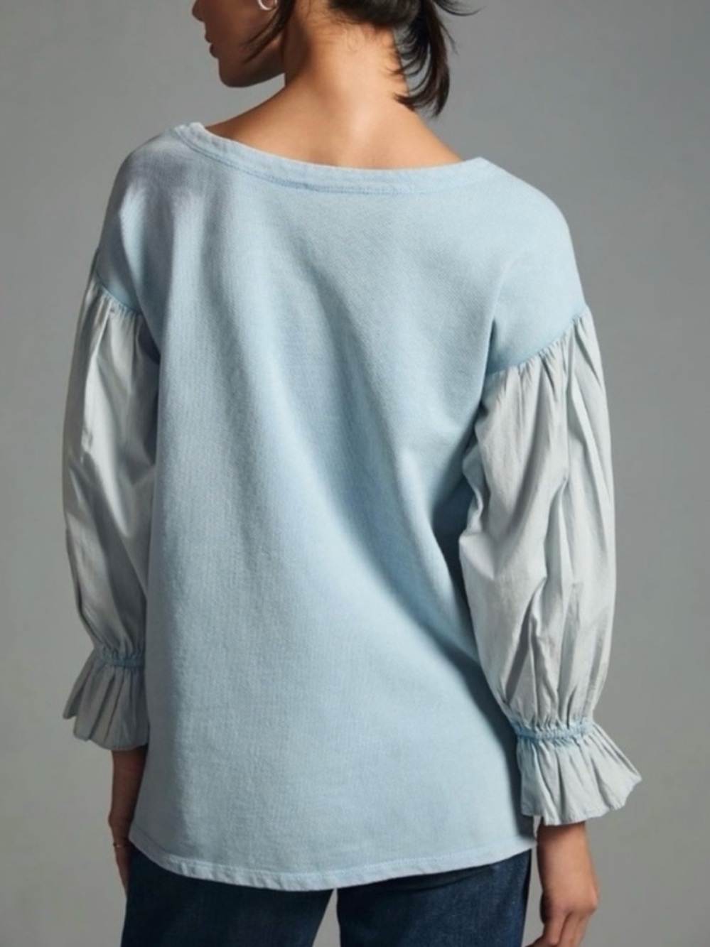 Pilcro Anthropologie Mixed Media Puff Sleeve Sweatshirt in Light Blue Sz Medium - Picture 3 of 9
